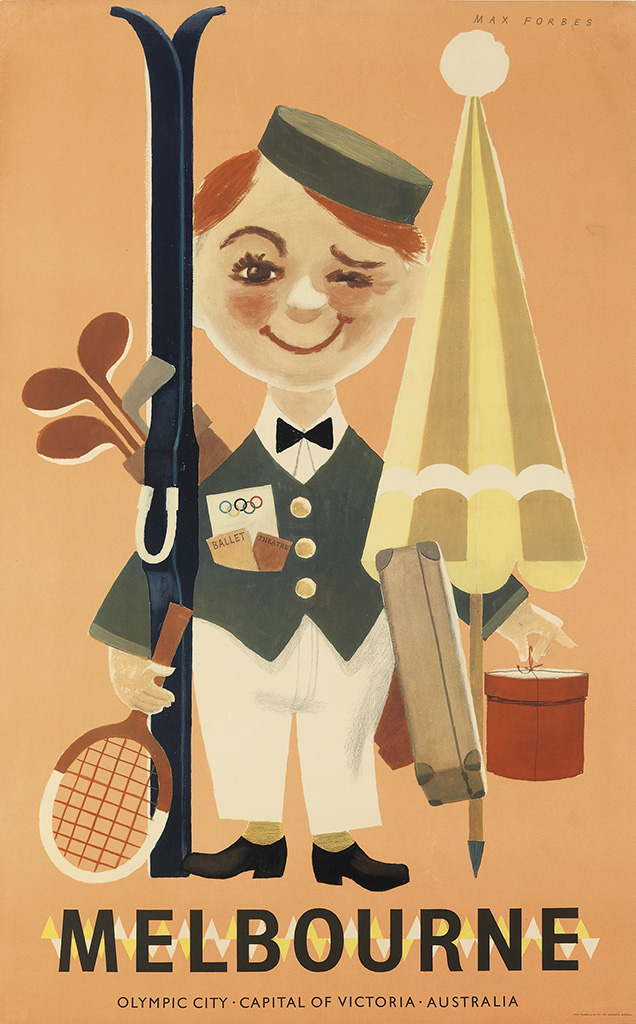 Melbourne Olympic City, orange poster, man carries sports equipment