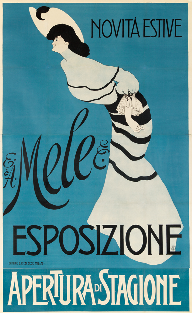 Mele Esposizione Aertura di Stagione,blue poster, woman in black and white stripes