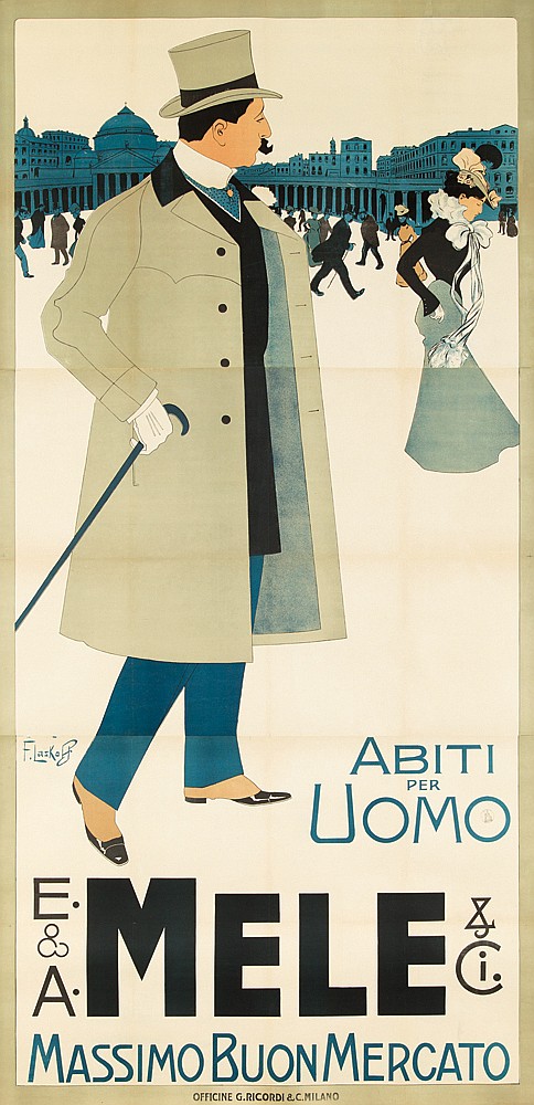 E and A Mele and Ci Massimo Buon Mercato, man in overcoat looks at woman