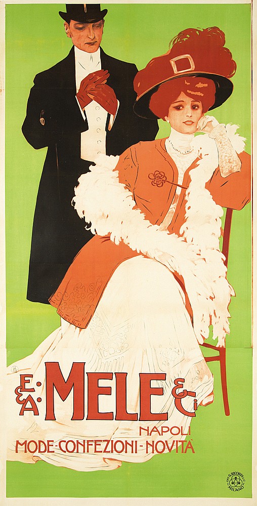 E and A Mele Napoli, long green poster, woman in orange coat