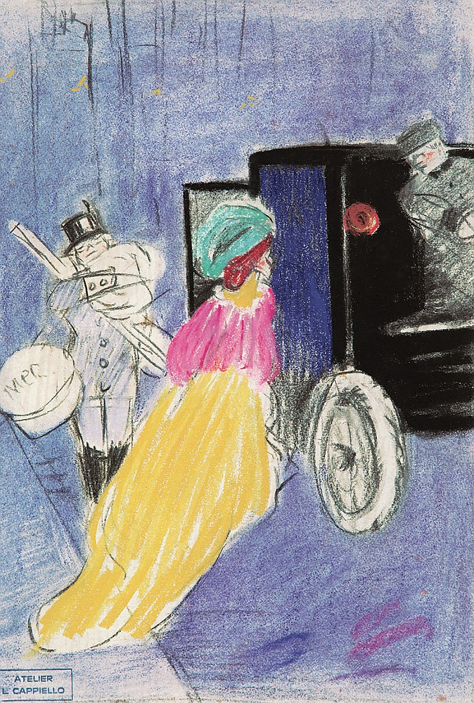 Colored sketch of a woman getting into a carriage