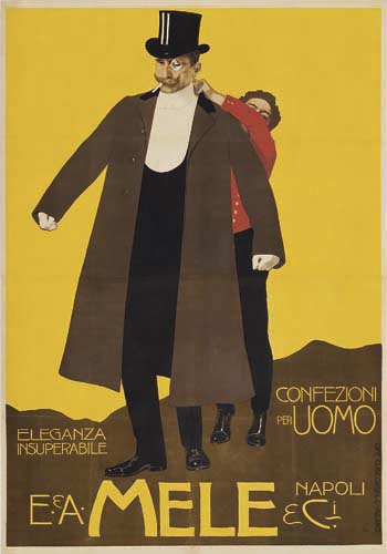 E and A Mele and Ci Napoli, yellow poster, woman buttons man’s collar