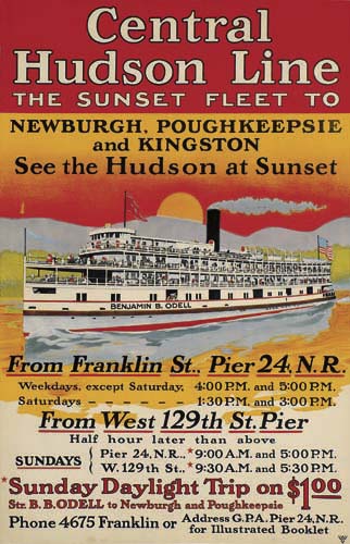 Central, Hudson Line, The Sunset Fleet To, Newburgh. Poughkeepsie, And Kingston, See The Hudson At Sunset, From West 129th St. Pier, Half Hour Later Than Above, Sundays, { Pier 24. N.R.. * 9:00 A.M. And 5:00 P.M., W. 129Th St.. * 9:30 A.M. And 5:30 P/M. Sunday Daylight Trip On $100 Str. B.B. Odell To Newburgh And Poughkeepeie Phone 4675 Franklin Or, Address G.P.A. Pier 24, N.R. For Illustrated Booklet