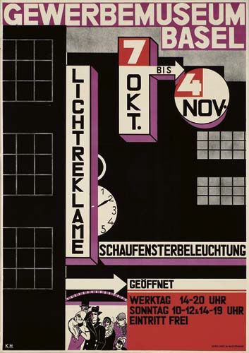 Gewerbemuseum, Basel, Lichtreklame, 7 okt, Bis 4 nov, Schaufensterbeleuchtung, Geoffnet, Werktag 14-20 unr, Sonntag 10-10, 14-19 UHR, Eintritt free
