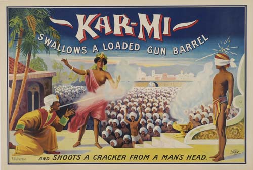 Kar-mi, Swallows a loaded gun barrel, And shoots a cracker from a man’s head