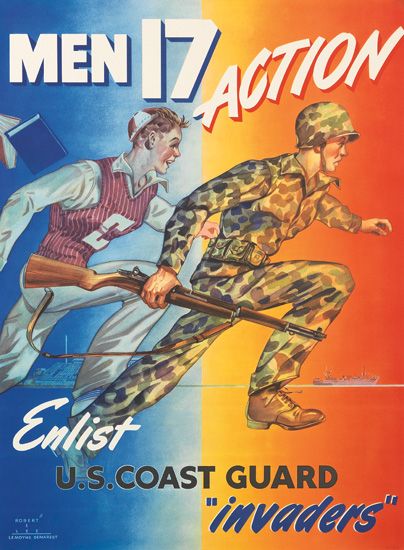 Enlist U.S. Coast Guard invaders, blue and orange poster, soldiers