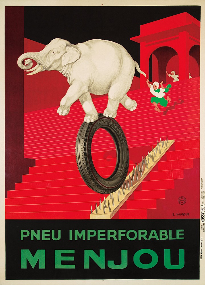 Pneu Imperforable Mejou, red poster, stairs, elephant walks on a tire