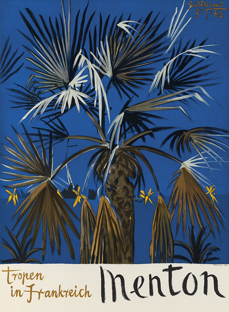 Tropen in Frankreich Menton, palm trees, blue poster