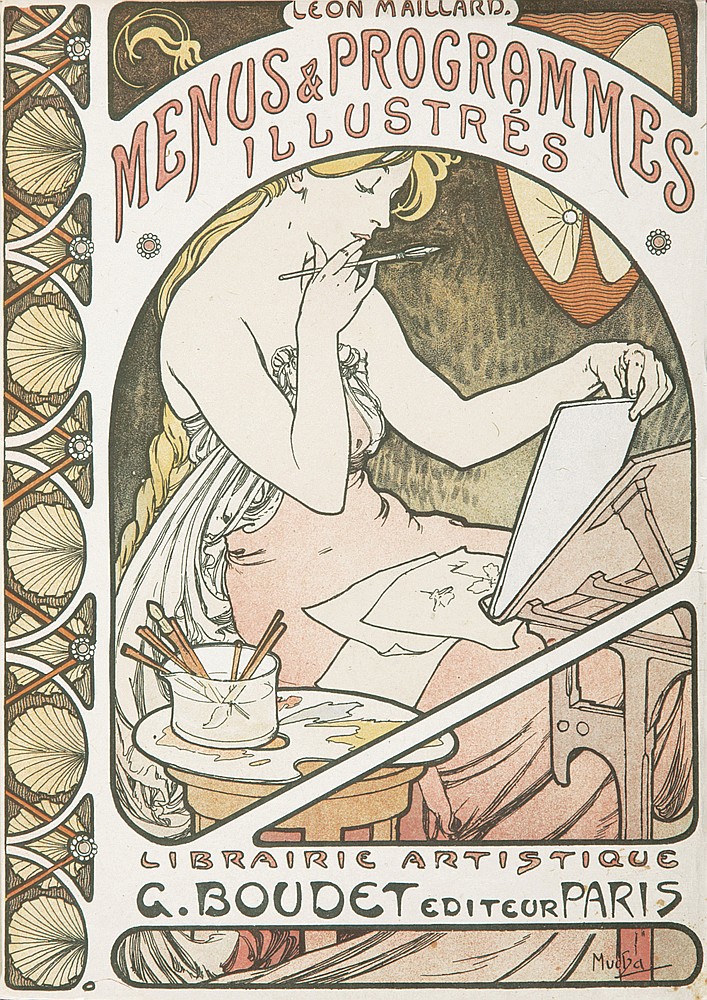 Menus and Prgrammes Illustres, woman in pink sketches and paints