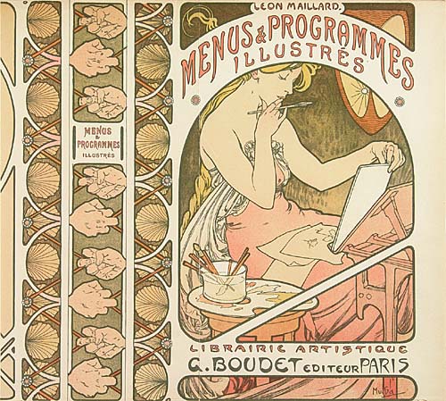 Menus and Programmes Illustres Librairie Artistique, woman in pink writing, flowered side panel