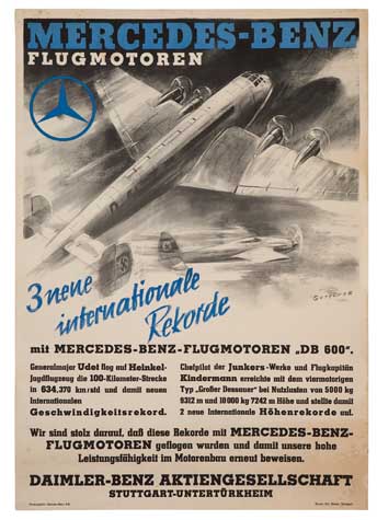 Mercedes-Benz, Flugmotoren, black and white sketch of a plane, blue lettering