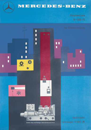 Mercedes-Benz Dieselmotoren, blue poster, skyline