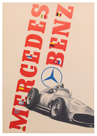 Mercedes Benz, grey car, red letters, flags