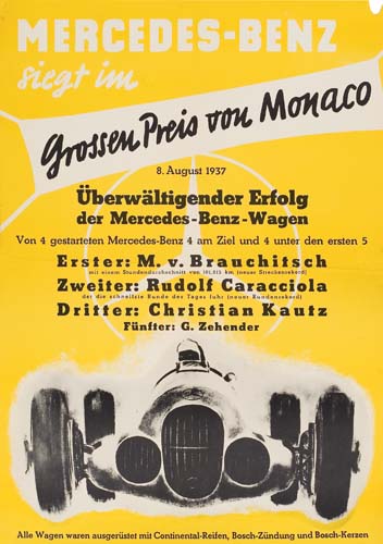 Mercedes Benz, seigt im Grossen preis vou Monaco, yellow poster, white car