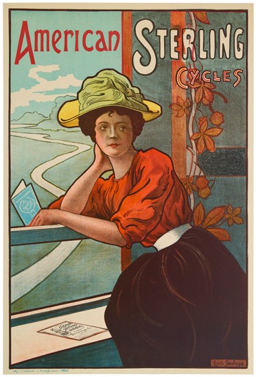 American Sterling Cycles, woman in red reads