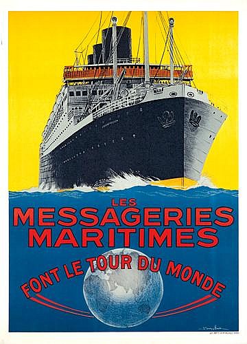 Les Messageries Maritimes Font le Tour du Monde, blue and yellow poster, black ship