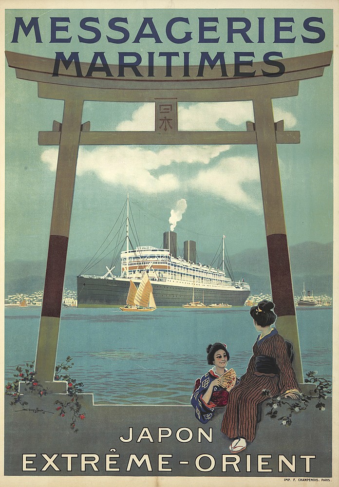 Messageries Maritimes, black ship, Asian women on shore, Japon