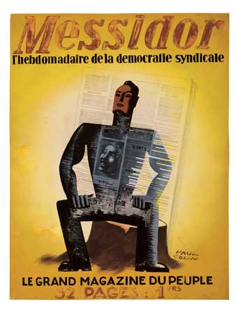 Messidor, yellow poster, man sits on a tree stump