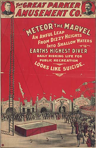 Meteor the Marvel and Awful Leap, The Great Parker Amusement, Co, red poster