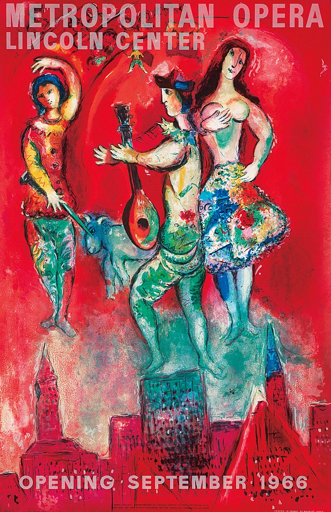 Metropolitan Opera Lincoln Center, three women musicians, Opening September 1966, red poster