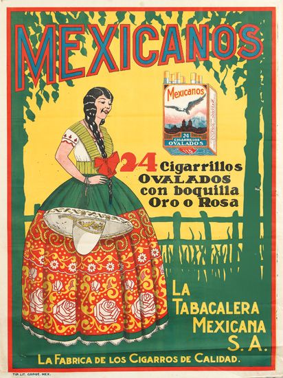 Mexicanos 24 Cigarillos, La Tabacalera Mexicana SA, woman in full skirt, cigarettes