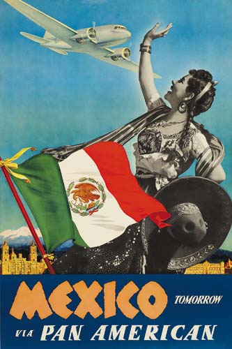 Mexico Tomorrow via Pan American, Mexican flag held by woman waving at plane