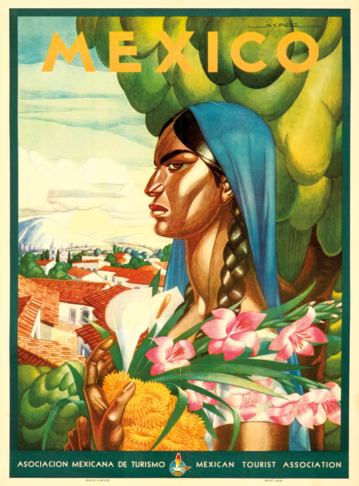 Mexico, Mexican Tourist Association, woman holds pink flowers