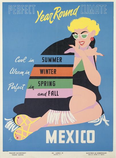 Perfect Year Round Climate, Mexico, blue poster