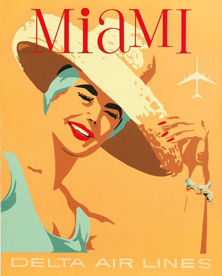 Miami Delta Air Lines, orange poster,w oman in blue