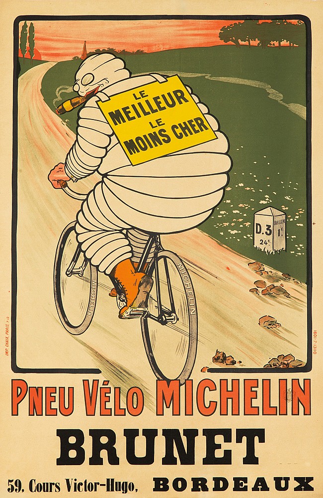Foreign Language, Michelin Man rides bicycle, Le Meilleur le Moins Cher, Brunet