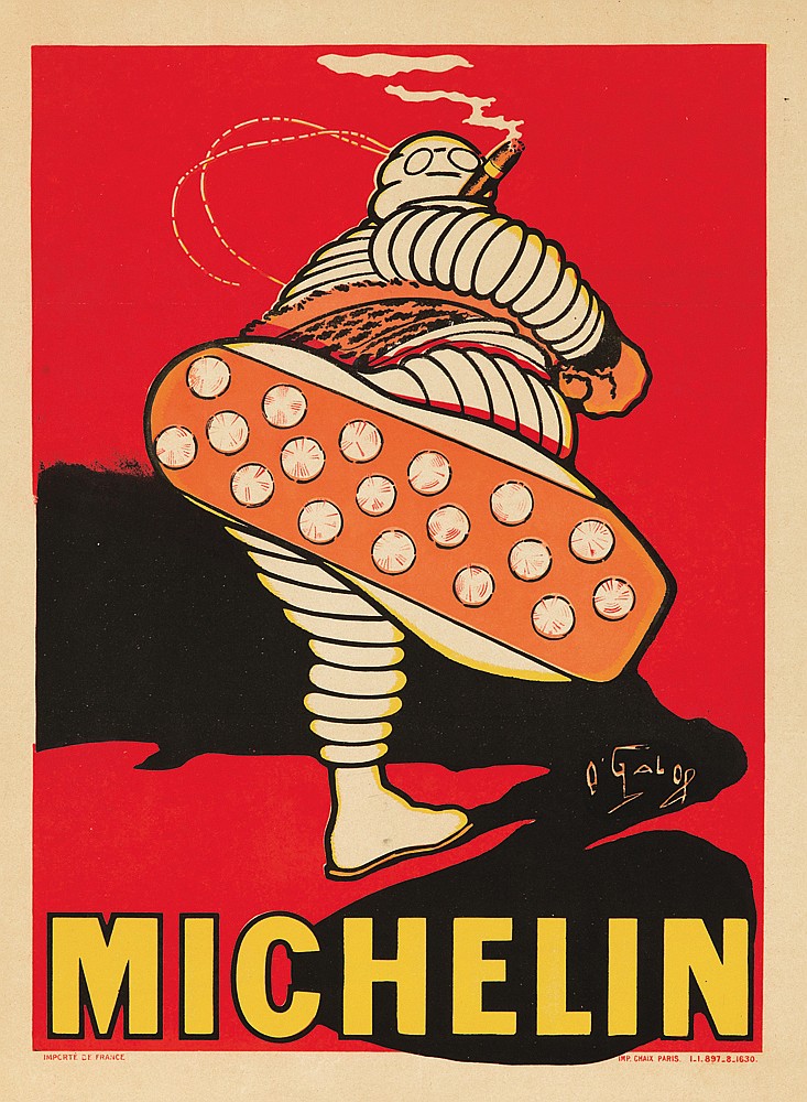 Michelin, Michelin man smokes cigar, kicks, red poster