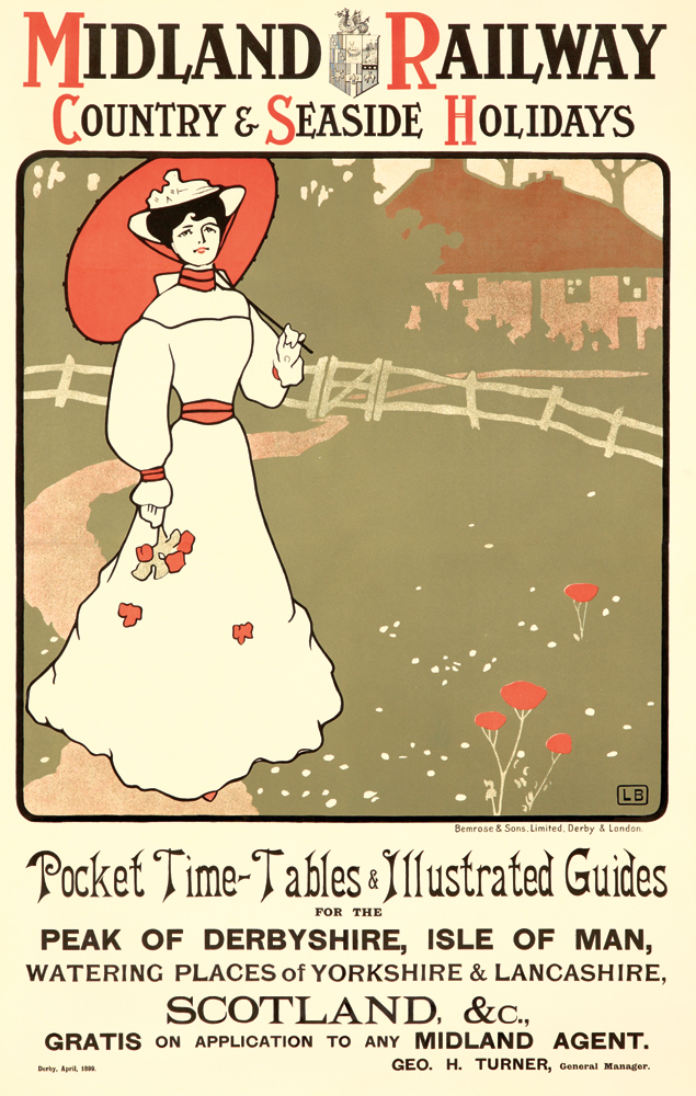 Midland Railway Country and Seaside Holidays, woman in white with a red parasol