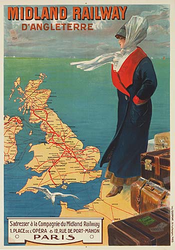 Midland Railway D’Angleterre, map, woman in black and red coat