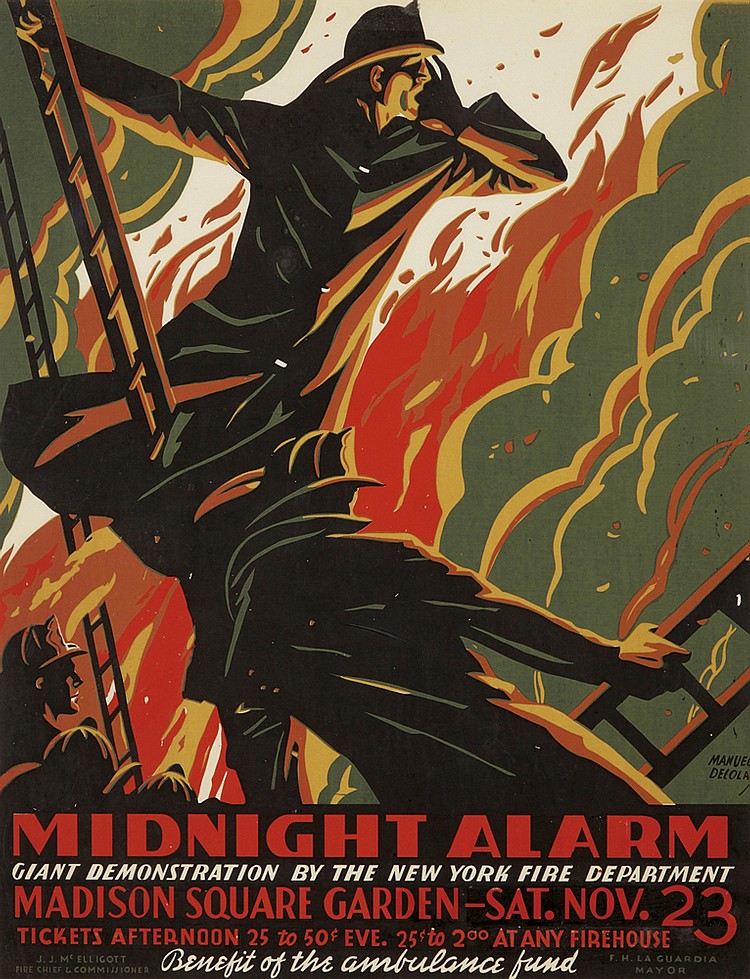 Midnight Alarm, Giant Demonstration by the New York Fire Department, Madison Square Garden, Sat. Nov. 23, firemen, fire, smoke