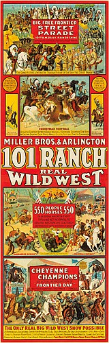 Miller Bros and Arlington 101 Ranch Real Wild West, long poster, rodeo activities, square scenes