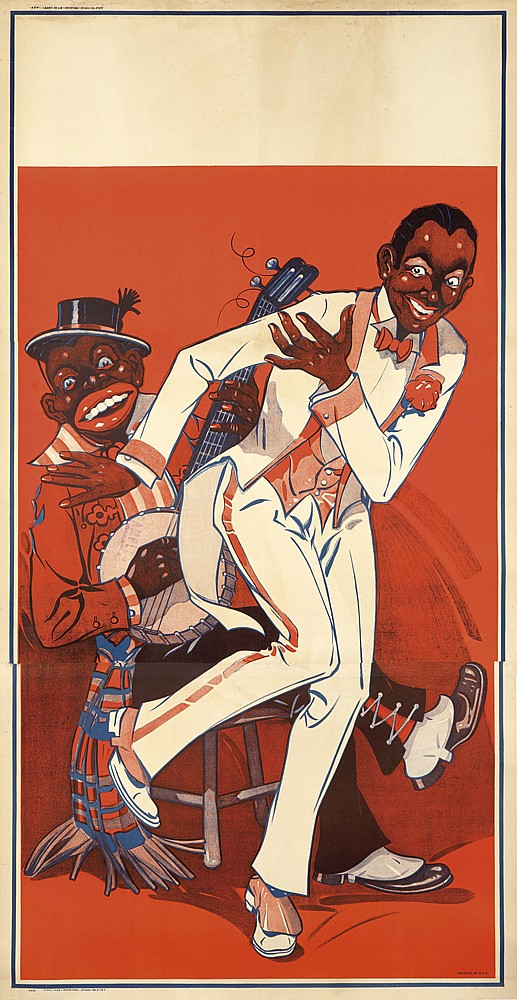 Man in white suit dancing, man in red plays banjo