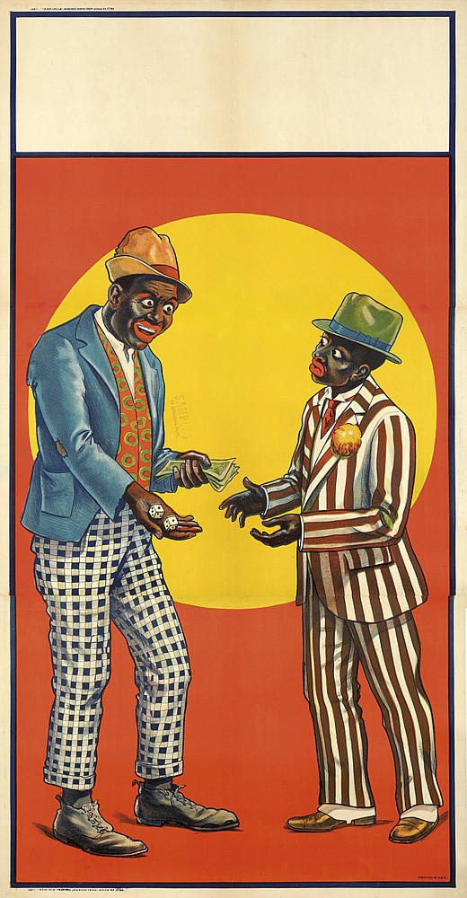 Two men in patterned clothes, red poster
