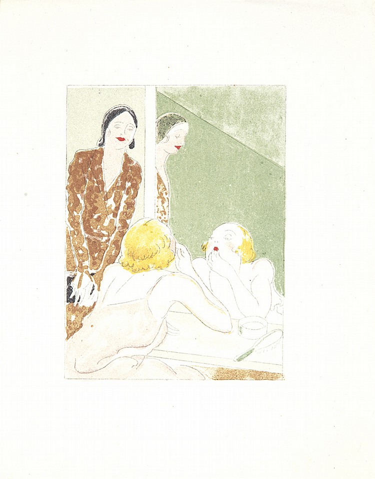 Wordless poster, woman gets ready, woman in brown helps