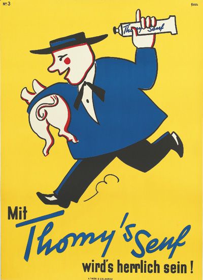 Mit Thomy’s Senf, yellow poster, man holds a pig