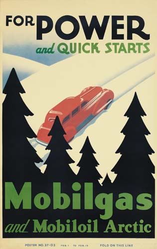 For Power and Quick Starts, Mobilgas and Mobiloil Arctic, red car drives through snow