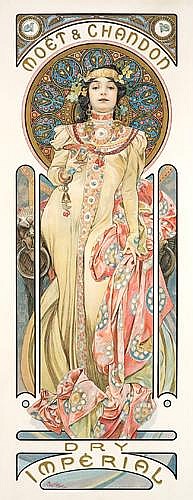 Moet and Chandon Dry Imperial, woman in yellow dress, stained glass
