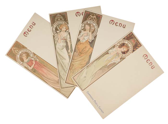 Four posters, Menus, Moet et Chandon, women in flowing dresses