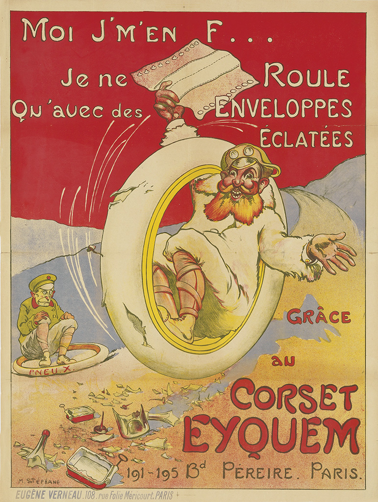 Moi J’M’En F, Je ne Roule Enveloppes Eclatees, Corset Eyquem, man in a tire