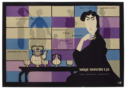 Moje Siostry I Ja, blue and purple checkered poster, woman serves tea