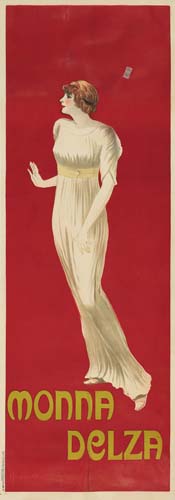 Monna Delza, long red poster, woman in white dress