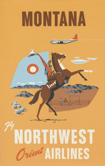 Montana, Fly Northwest Orient Airlines, cowboy, orange poster