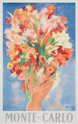 Monte-Carlo, nude woman carries flowers, blue poster
