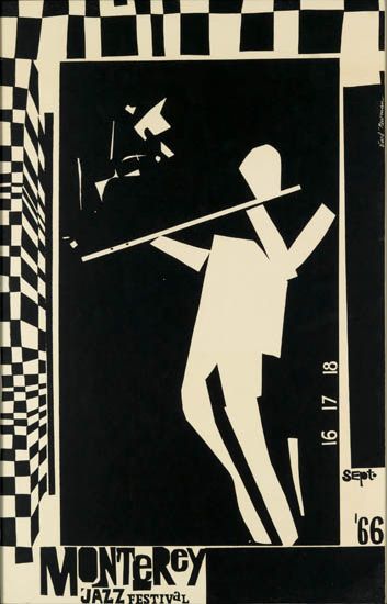 Monterey Jazz Festival, flute player, black and white poster