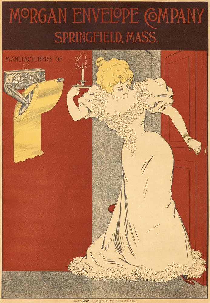 Morgan Envelope Company, Springfield, Mass, red poster, woman in white holds candle