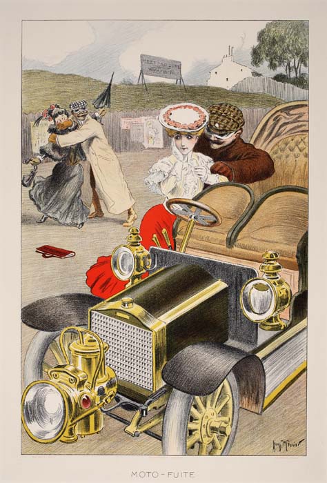 Wordless poster, couple leans against car